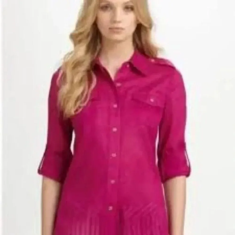 Tory Burch Pink Button Up Shirt Size 6 Semi Sheer Cotton Gold Buttons